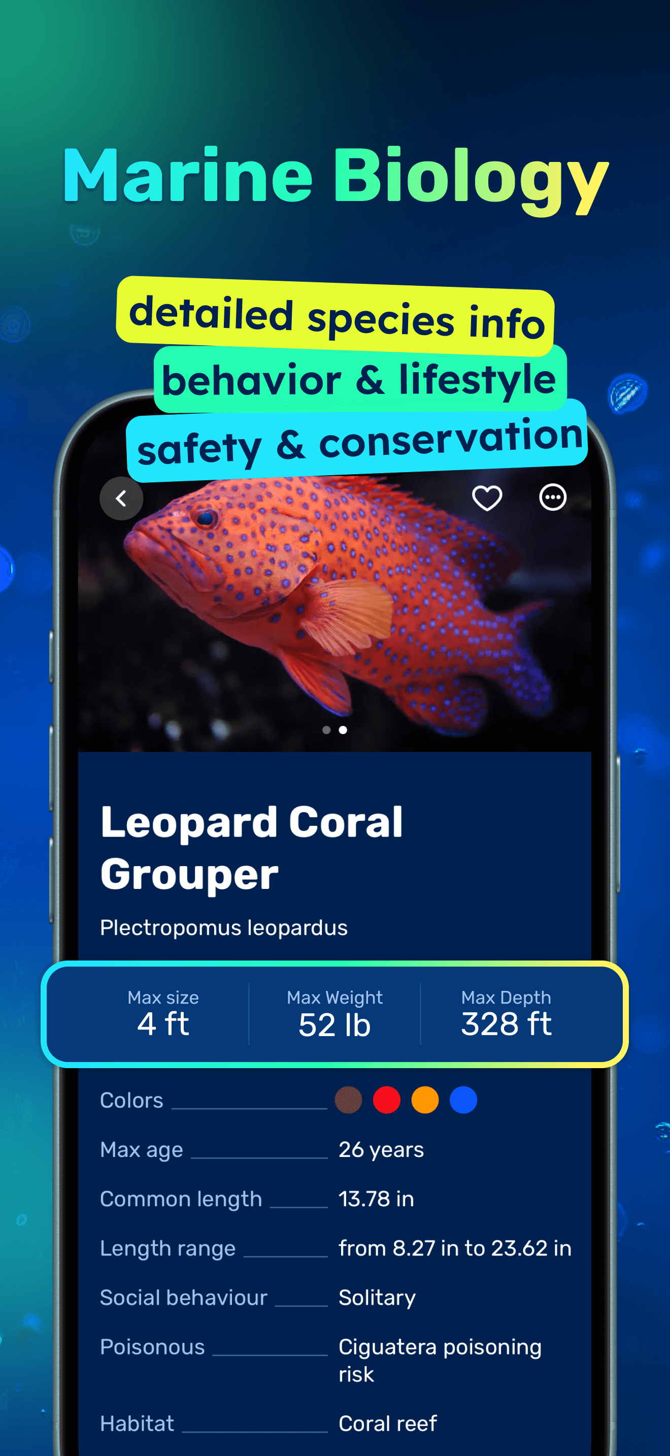 Seabook trait search filters and species detail screen