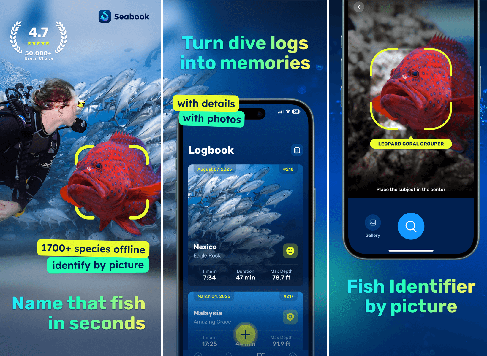 Seabook workflow screens showing capture, trait comparison, and logging